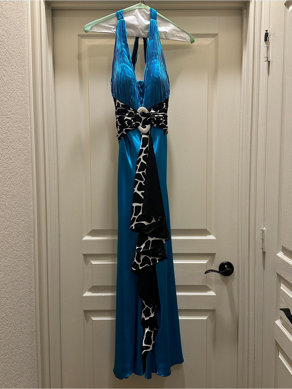 Party Time Formals Teal Maxi Dress with Black & White Accent